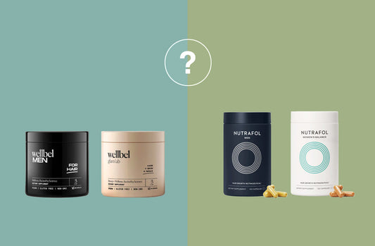 wellbel bottle next to a nutrafol bottle comparison