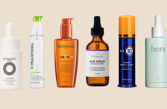 lineup of different popular hair serum bottles including foundation skincare hair serum