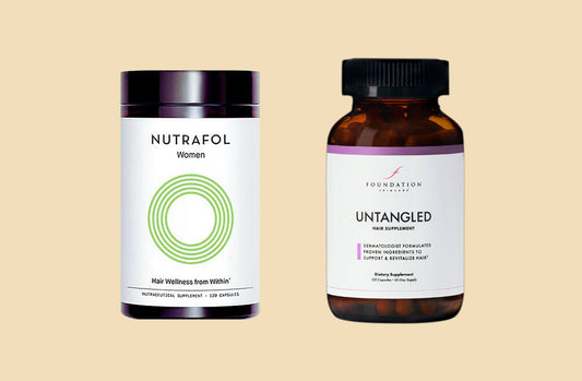untangled hair growth bottle next to nutrafol bottle comparison