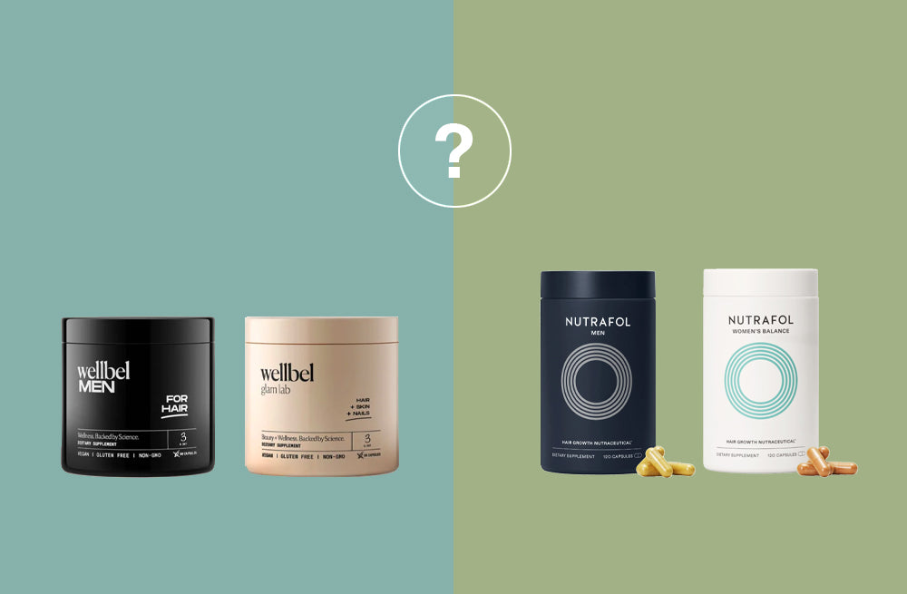 wellbel bottle next to a nutrafol bottle comparison